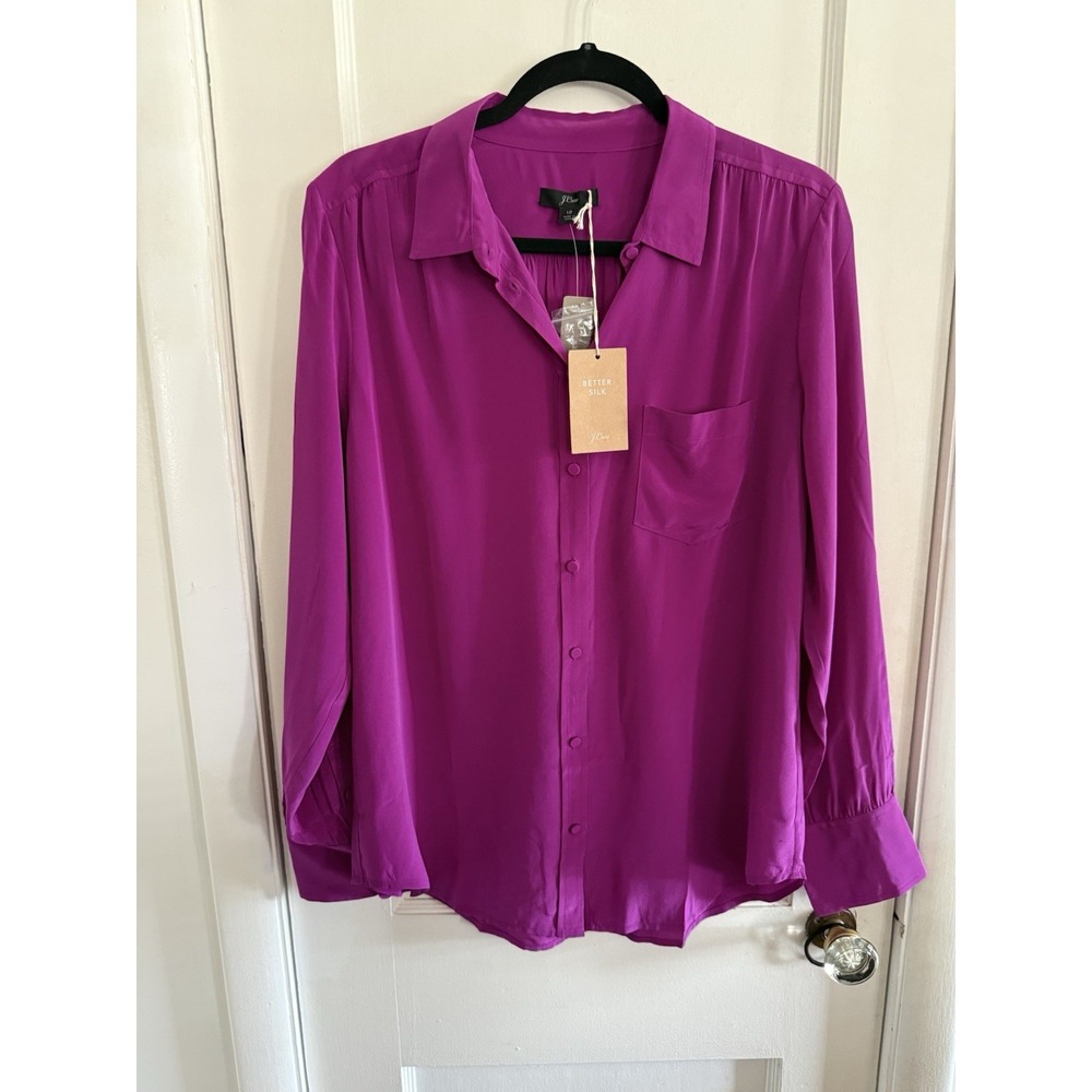 NWT J Crew size 12 Better Silk 100% Silk Women's Magenta Button Front Shirt